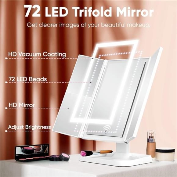 Makeup Mirror Vanity Mirror with Lights  3 Color Lighting Modes 72 LED Trifold - Picture 3 of 5